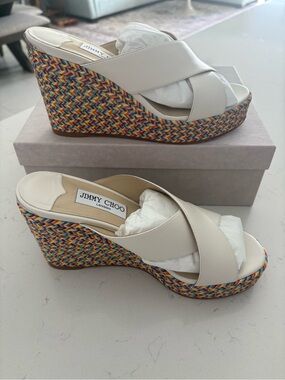 Jimmy Choo White Leather Cross-Strap Wedge Sandals